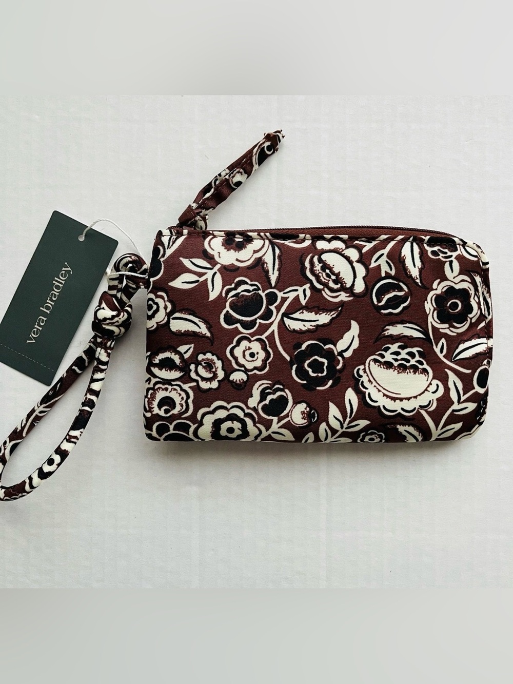 Vera Bradley Zip Card Pouch Brown & Cream Bubbly Flowers Cinnamon Pattern
